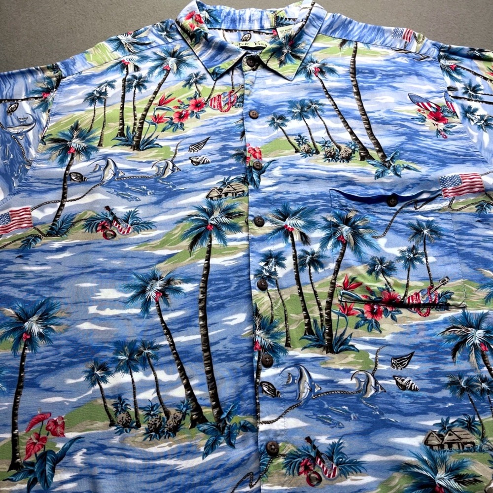 Batik Bay Tropical Palm Tree American Flag Shirt Mens 2XB Blue Rayon‎ Button Up